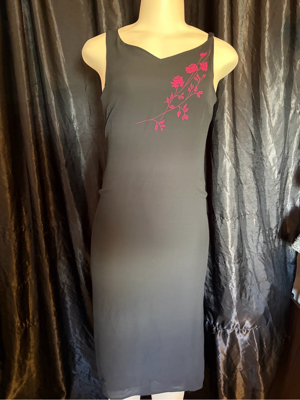 Petite Sophisticate Black Midi Tank Dress with Pink Floral Accent
